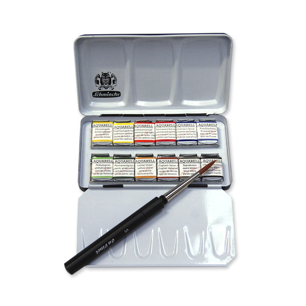 Schmincke Horadam Metal Box 12 x Half Pans and synthetic brush