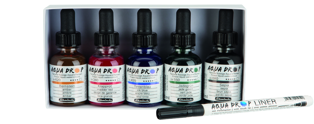 Schmincke Aqua Drop Set 5 x 30ml - Primaries + Opaque White &amp; Liner Pen
